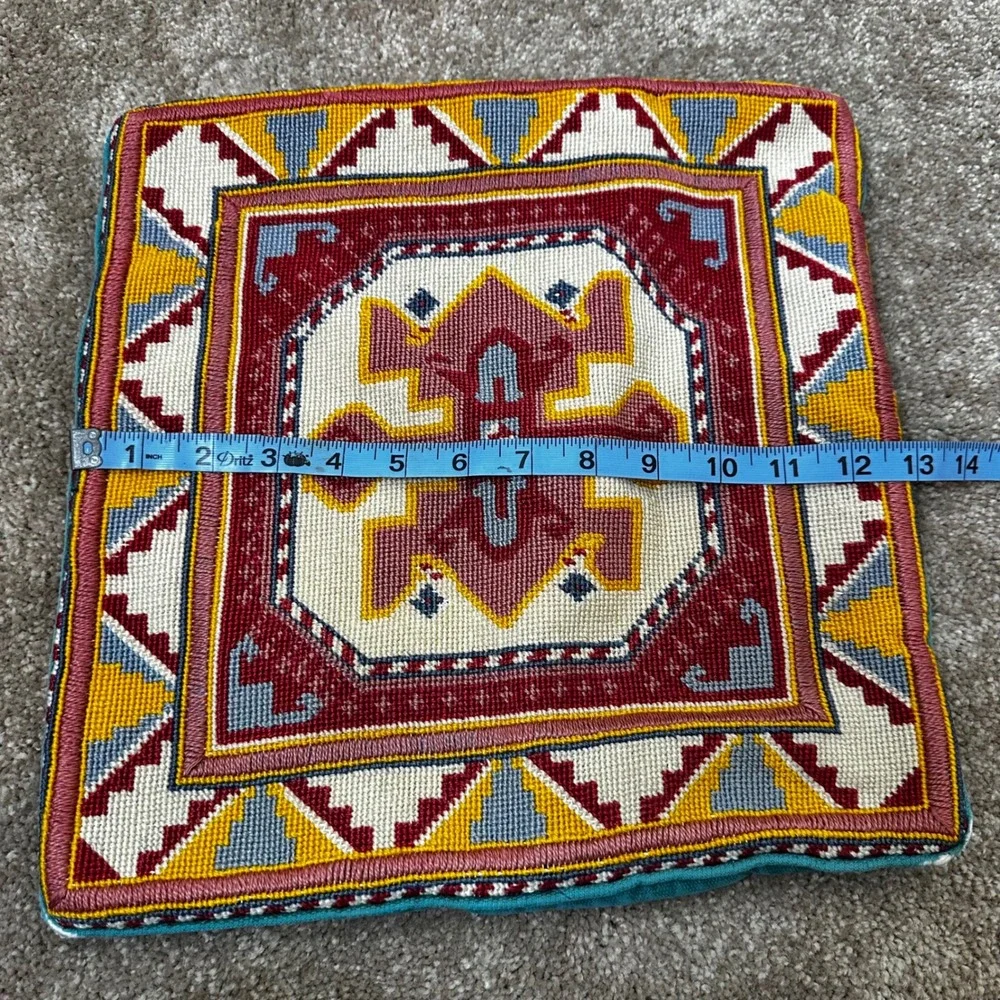 Vintage Handmade Needlepoint Geometric Tribal Pillow Cover Teal Velvet 13x13